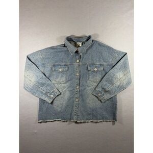 Vocal Women's Blue Denim Adorned Frayed Crop Jacket Size XL Rhinestone